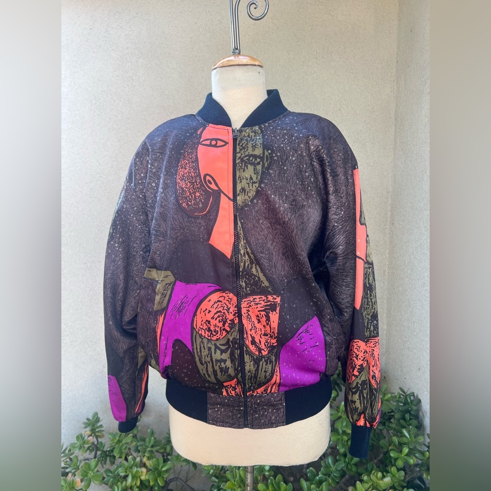 Vintage bomber jacket Picasso theme pad shoulder pockets Sz M